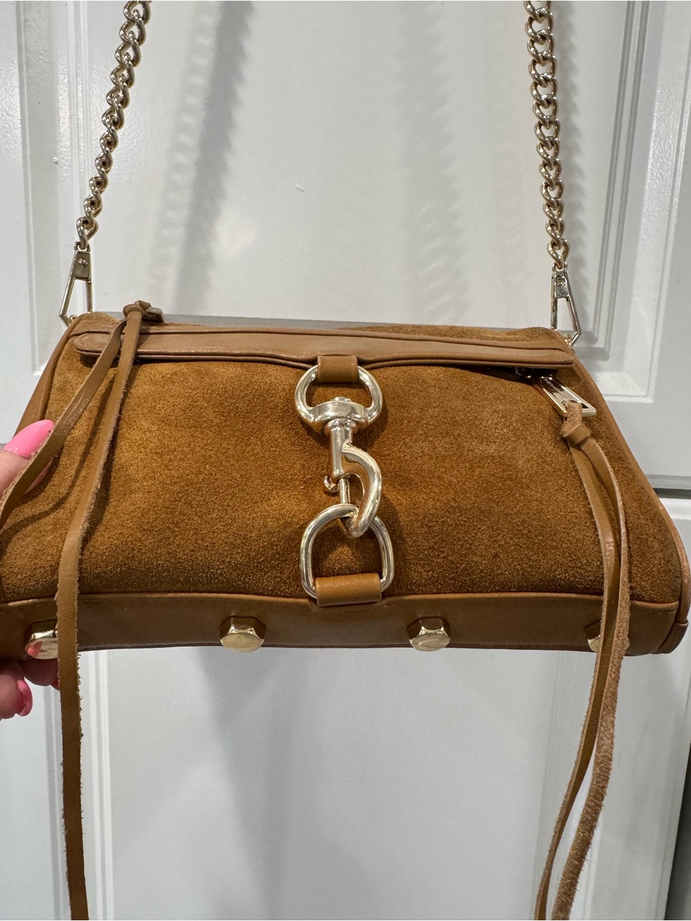 🤎Rebecca Minkoff Mini MAC Cognac Suede Leather Crossbody Bag Chain Strap - Picture 9 of 12